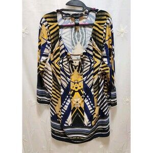 Ashley Stewart Women 3X (26) Gold Blue Tunic Blouse Artsy Abstract Tribal Ethnic